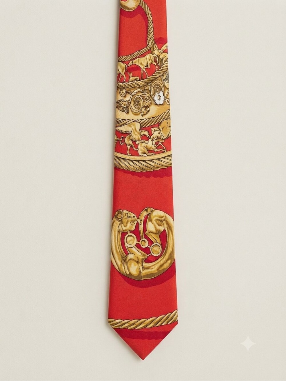 Vintage Hermès Paris Red Gold Equestrian Silk Tie Made In France 100% Silk